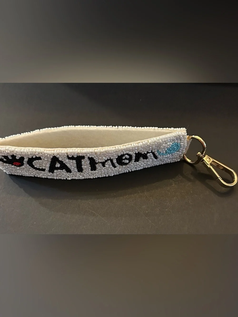 Handmade Comfy Beaded 'CATmom' Wristlet Bag Charm – White, Black, Red & Blue